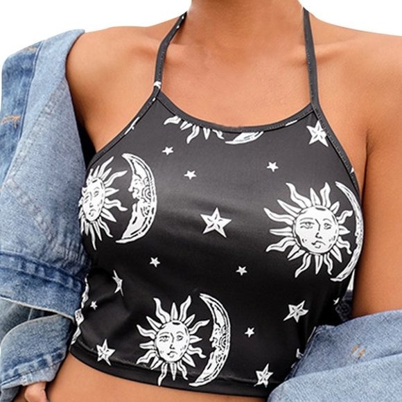 Celestial Print Halter Crop Top Witchy Boho Moon - Picture 8 of 8